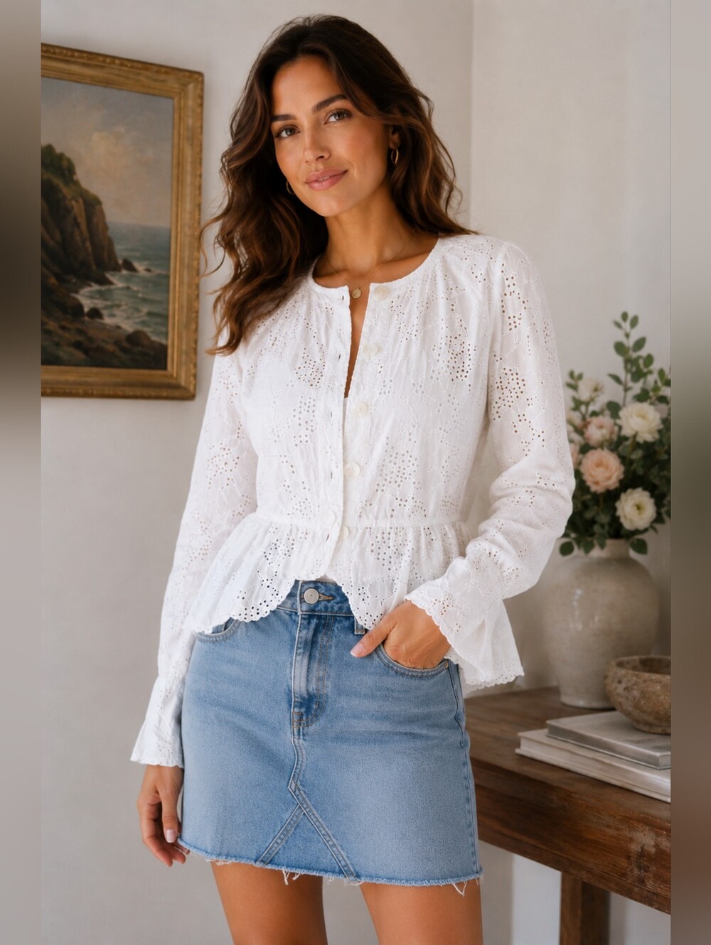 Live a Little White Eyelet Jacket L Cotton Peplum Boho Cottagecore Prairie Top